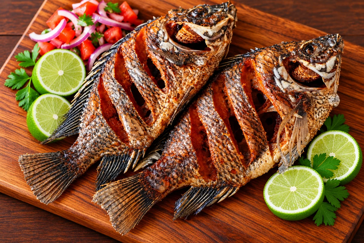 Golden deep-fried tilapia on a wooden board