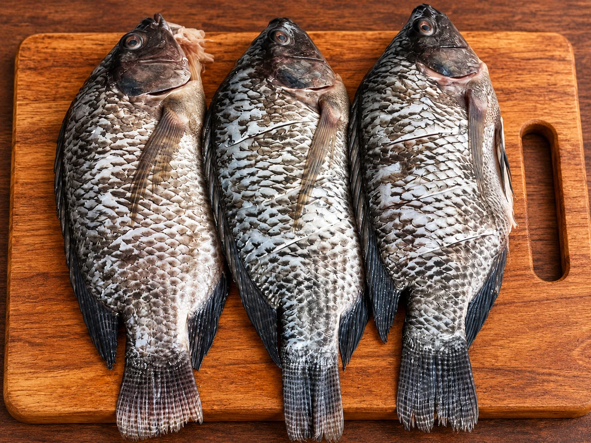 Fresh whole tilapia on a wooden chopping board